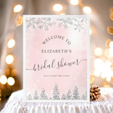Silver blush pink snow pine welcome bridal shower poster