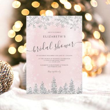 Silver blush pink snow pine winter bridal shower Invitations