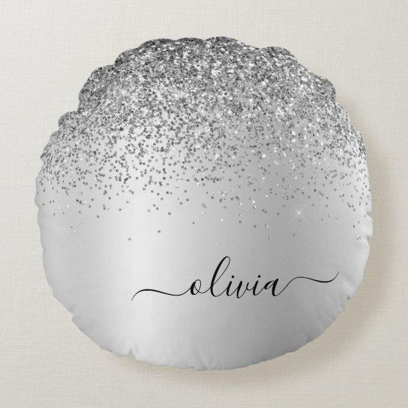 Silver Brushed Metal Monogram Name Girly Round Pillow