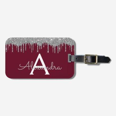 Silver Burgundy Glitter Sparkle Monogram Name Luggage Tag