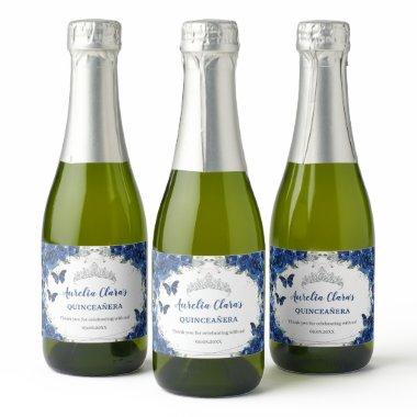 Silver Butterflies Royal Blue Floral Quinceañera Sparkling Wine Label