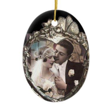 SILVER BUTTERFLY AND FLOWERS HEART PHOTO TEMPLATE CERAMIC ORNAMENT