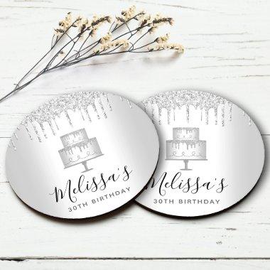 Silver cake glitter drips elegant girly glam party round paper coaster