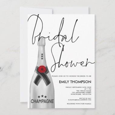 Silver Champagne Bottle Script White Bridal Shower Invitations