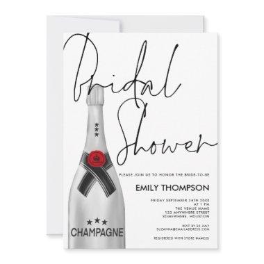 Silver Champagne Bottle Script White Bridal Shower Invitations