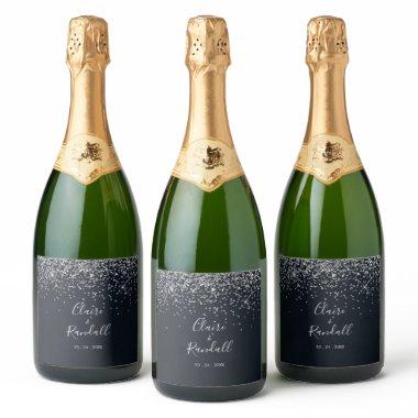Silver Confetti Calligraphy Wedding  Sparkling Wine Label