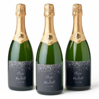 Silver Confetti Calligraphy Wedding  Sparkling Wine Label