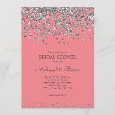Silver Confetti Pink Elegant Modern Bridal Shower Invitations