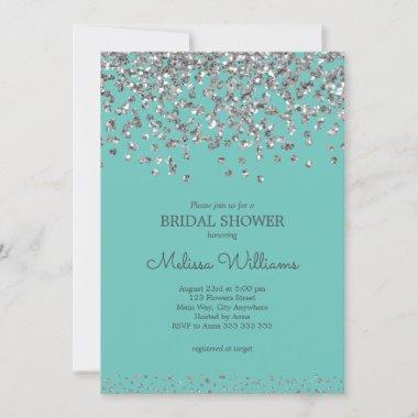 Silver Confetti Teal Elegant Modern Bridal Shower Invitations