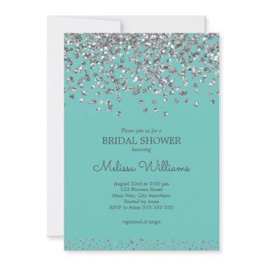 Silver Confetti Teal Elegant Modern Bridal Shower Invitations