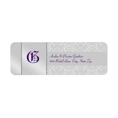 Silver Damask Monogram Purple Wedding Label