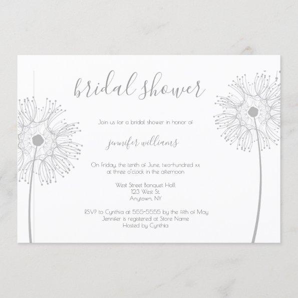 Silver dandelion floral bridal shower invitations