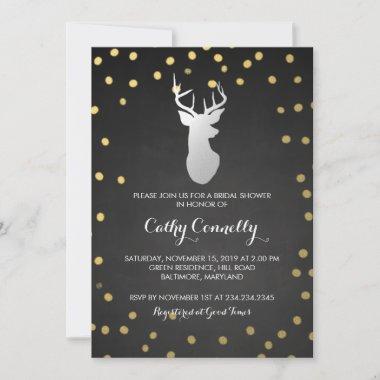 Silver Deer Gold Confetti Chalkboard Bridal Shower Invitations