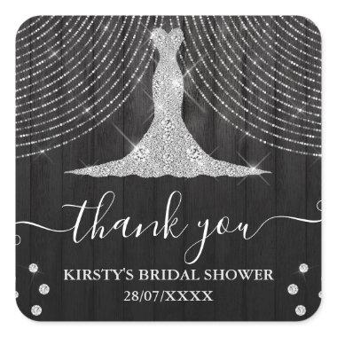 Silver Diamond Dress on Black Wood Bridal Shower Square Sticker