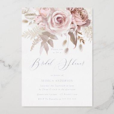 Silver, Dusty Rose & Blush Floral Bridal Shower Foil Invitations