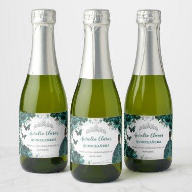 Silver Emerald Floral Quinceañera Birthday Favor Sparkling Wine Label