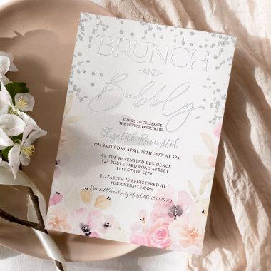 Silver floral brunch bubbly bridal shower foil Invitations