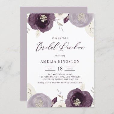 Silver Foil and Purple Flowers Bridal Luncheon Invitations