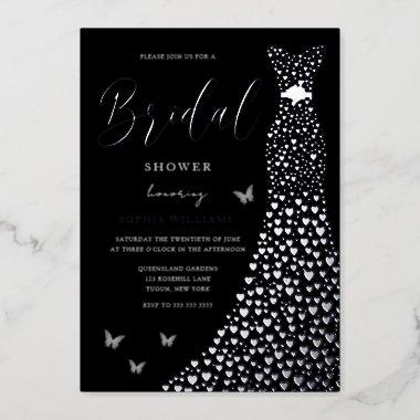 Silver Foil Heart Gown with Black Bridal Shower Foil Invitations
