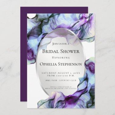 Silver Frame Abstract Plum Teal Flowing Ink Invitations
