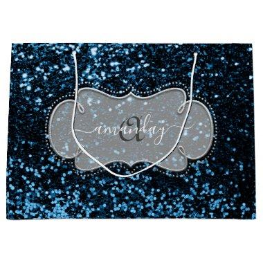 Silver Frame Blue Navy Royal Monogram Name Glitter Large Gift Bag