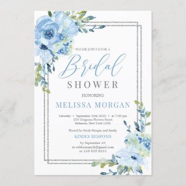 Silver geometric and blue floral rustic bridal Invitations