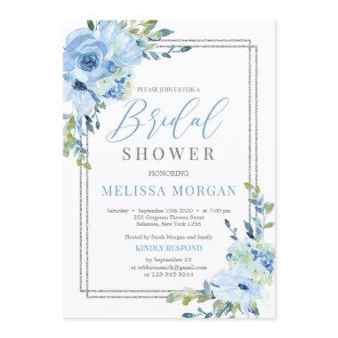 Silver geometric and blue floral rustic bridal Invitations