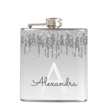 Silver Glitter and Sparkle Monogram Flask