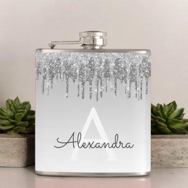 Silver Glitter and Sparkle Monogram Flask