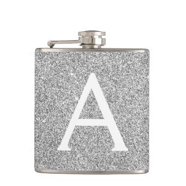 Silver Glitter and Sparkle Monogram Initial Flask