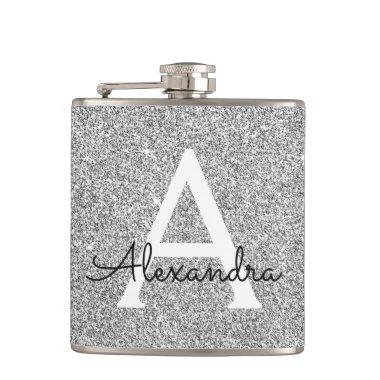 Silver Glitter and Sparkle Monogram Initial Hip Flask