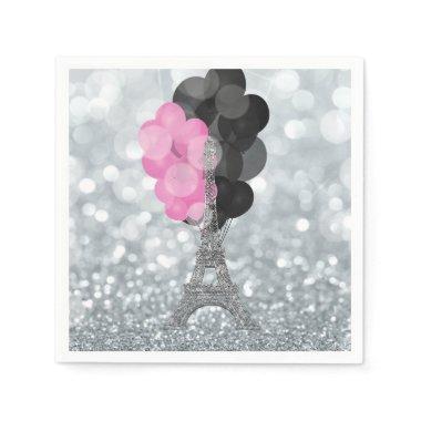 Silver Glitter & Balloons Paris Eiffel Tower Party Napkins