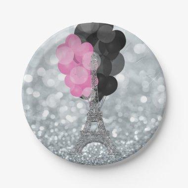 Silver Glitter & Balloons Paris Eiffel Tower Party Paper Plates