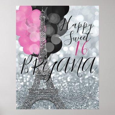 Silver Glitter & Balloons Paris Eiffel Tower Party Poster
