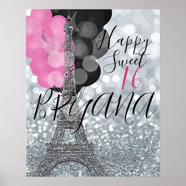 Silver Glitter & Balloons Paris Eiffel Tower Party Poster