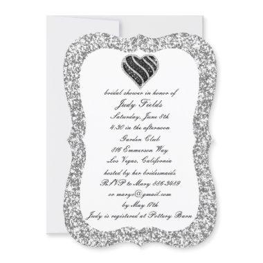 Silver Glitter Black Heart  Invite