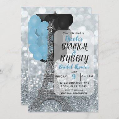 Silver Glitter Blue Balloons Eiffel Tower Paris Invitations
