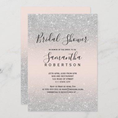 Silver glitter blush pink script bridal shower Invitations