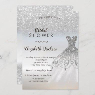 Silver Glitter Bokeh Dress Bridal Shower Invitations
