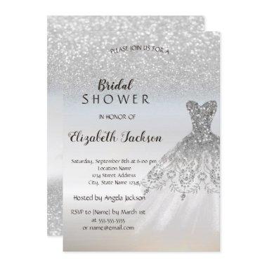 Silver Glitter Bokeh Dress Bridal Shower Invitations