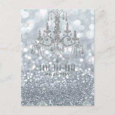 Silver Glitter Bokeh Glam Chandelier Save the Date Announcement PostInvitations