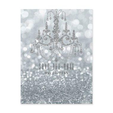 Silver Glitter Bokeh Glam Chandelier Save the Date Announcement Post