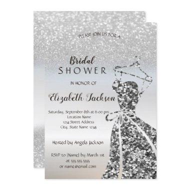 Silver Glitter Bokeh, Sequins Dress Bridal Shower Invitations