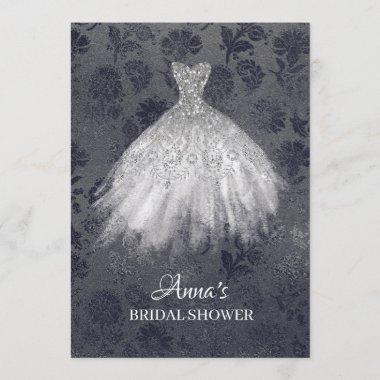 *~* Silver Glitter Bridal Dress Bridal Gown Shower Invitations