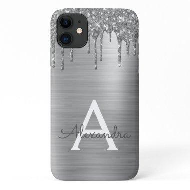 Silver Glitter Brushed Metal Monogram Name iPhone 11 Case