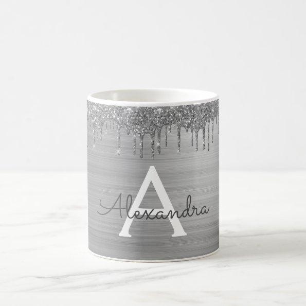 Silver Glitter Brushed Metal Monogram Name Coffee Mug