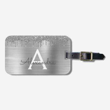 Silver Glitter Brushed Metal Monogram Name Luggage Tag