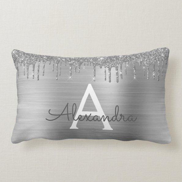 Silver Glitter Brushed Metal Monogram Name Lumbar Pillow