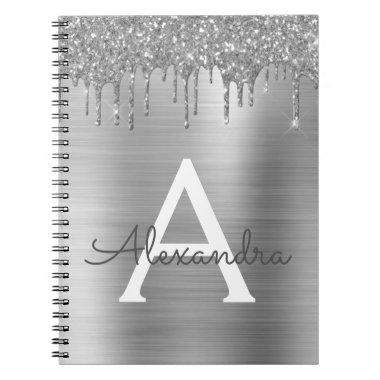 Silver Glitter Brushed Metal Monogram Name Notebook