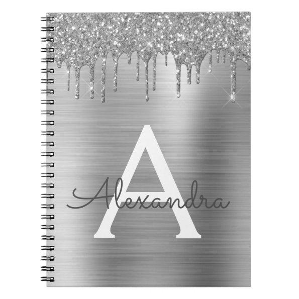 Silver Glitter Brushed Metal Monogram Name Notebook